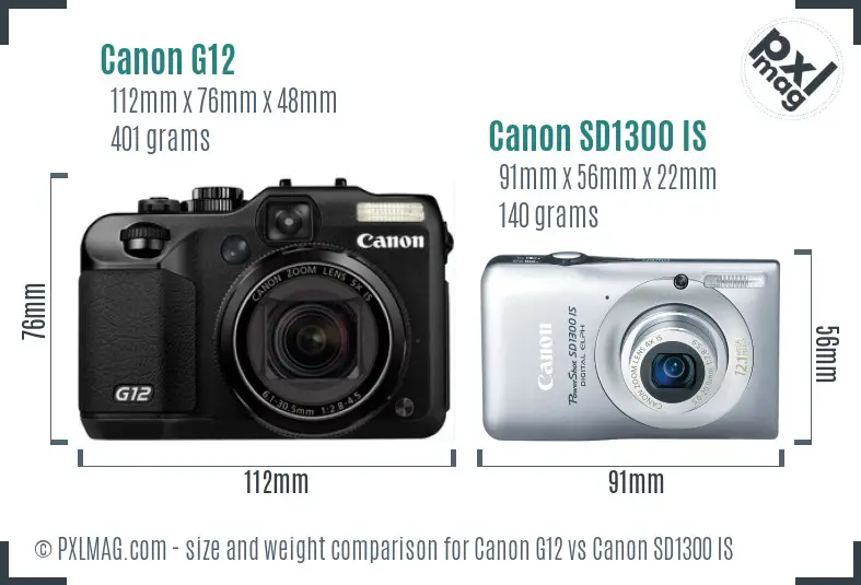 Canon G12 vs Canon SD1300 IS size comparison