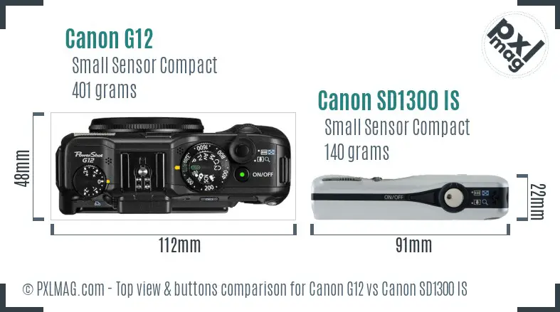 Canon G12 vs Canon SD1300 IS top view buttons comparison