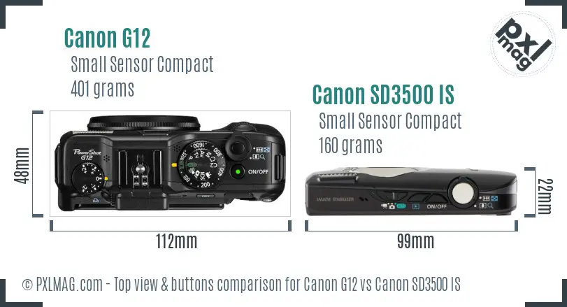 Canon G12 vs Canon SD3500 IS top view buttons comparison