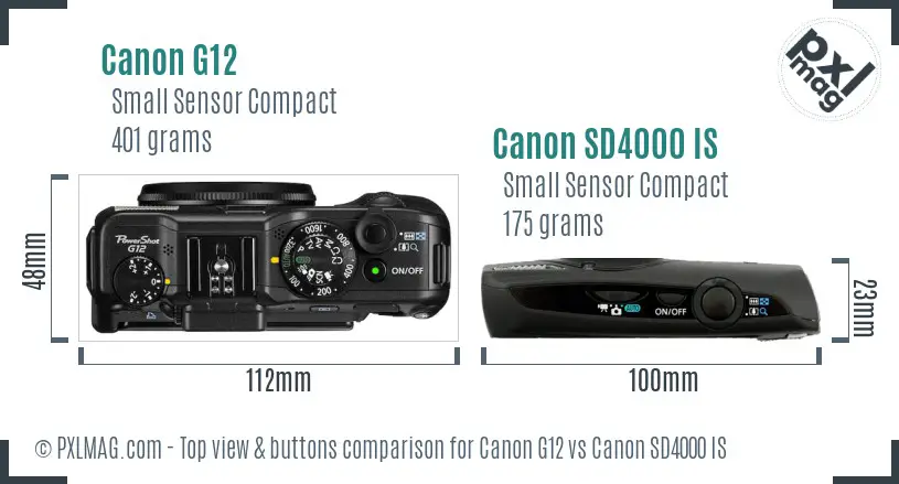 Canon G12 vs Canon SD4000 IS top view buttons comparison