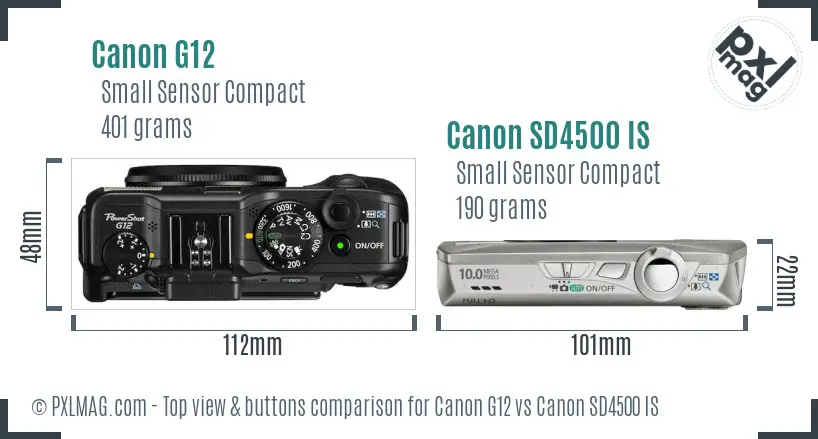 Canon G12 vs Canon SD4500 IS top view buttons comparison