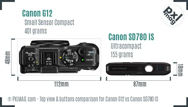 Canon G12 vs Canon SD780 IS top view buttons comparison Canon G12 vs Canon SD780 IS top view buttons comparison