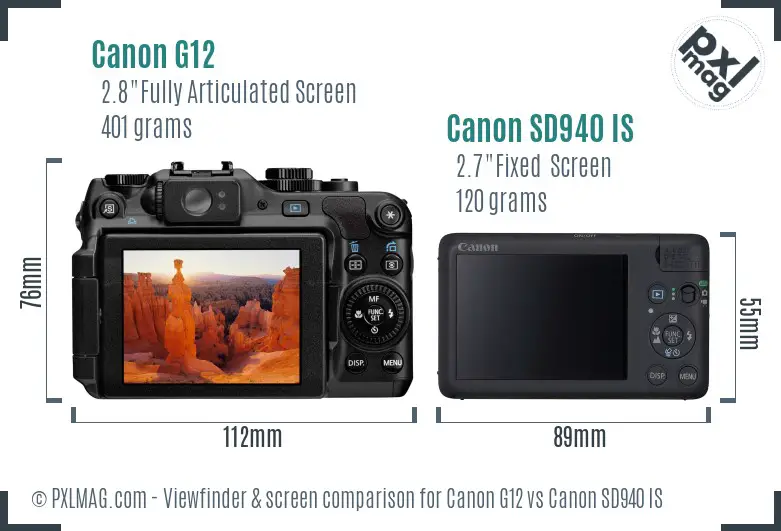 Canon G12 vs Canon SD940 IS Screen and Viewfinder comparison