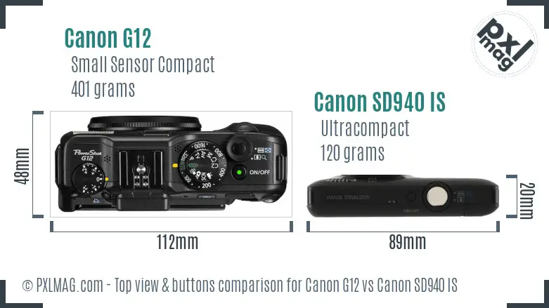 Canon G12 vs Canon SD940 IS top view buttons comparison