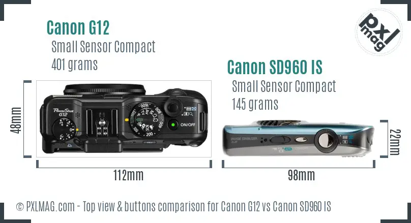 Canon G12 vs Canon SD960 IS top view buttons comparison