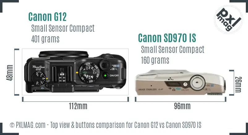 Canon G12 vs Canon SD970 IS top view buttons comparison