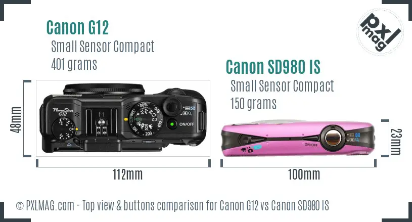Canon G12 vs Canon SD980 IS top view buttons comparison