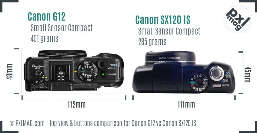 Canon G12 vs Canon SX120 IS top view buttons comparison