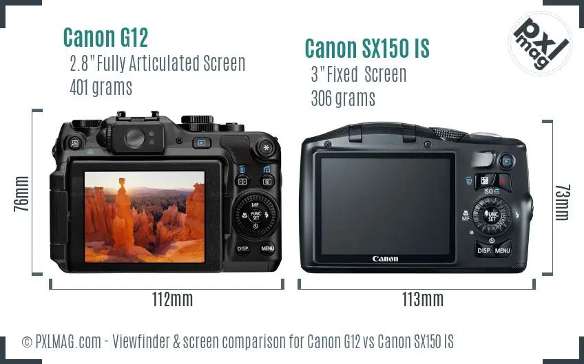 Canon G12 vs Canon SX150 IS Screen and Viewfinder comparison