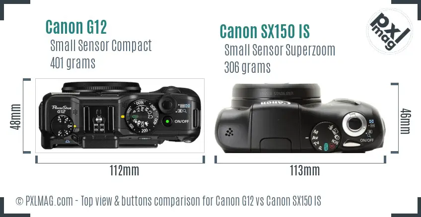 Canon G12 vs Canon SX150 IS top view buttons comparison