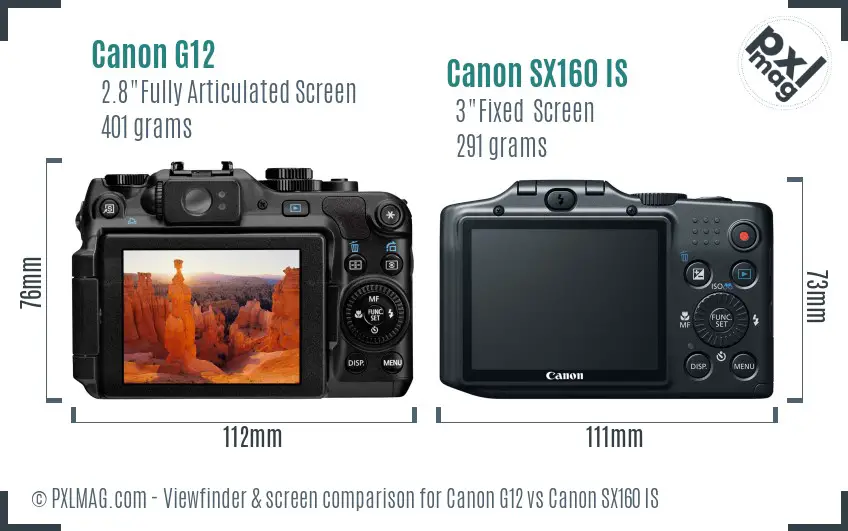 Canon G12 vs Canon SX160 IS Screen and Viewfinder comparison