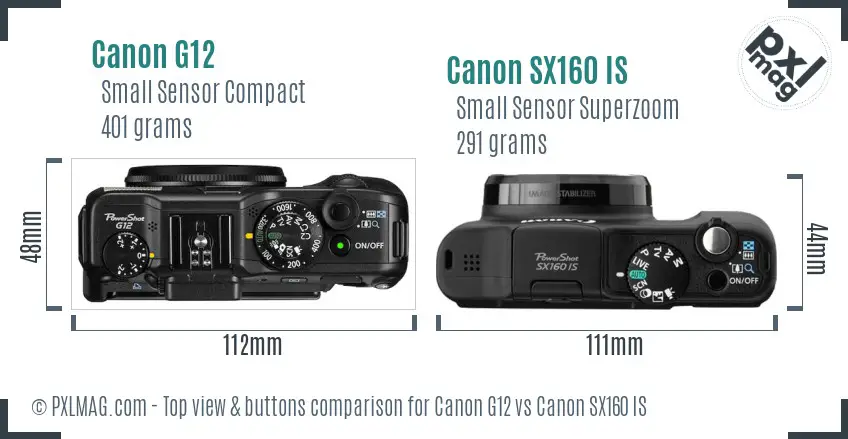 Canon G12 vs Canon SX160 IS top view buttons comparison