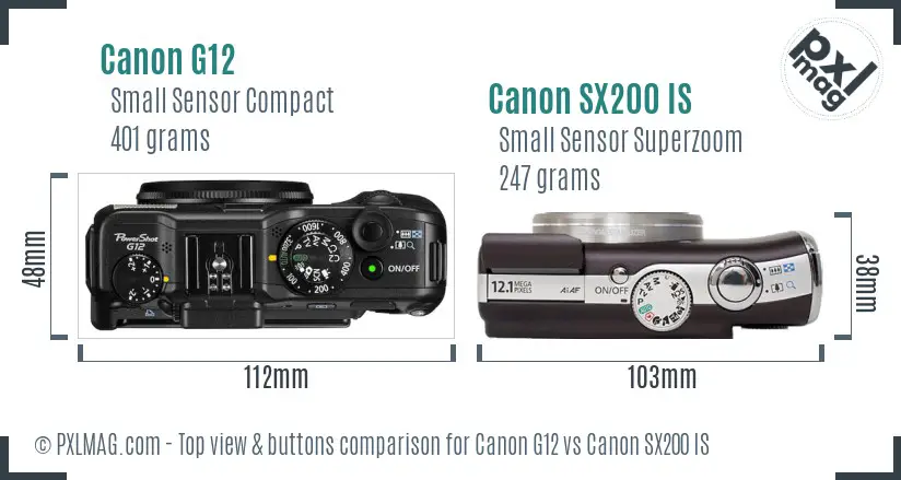 Canon G12 vs Canon SX200 IS top view buttons comparison