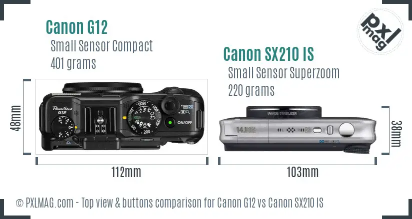 Canon G12 vs Canon SX210 IS top view buttons comparison