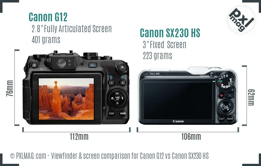 Canon G12 vs Canon SX230 HS Screen and Viewfinder comparison