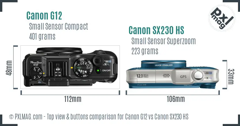 Canon G12 vs Canon SX230 HS top view buttons comparison