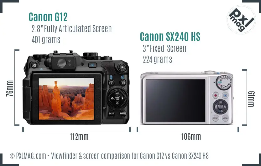 Canon G12 vs Canon SX240 HS Screen and Viewfinder comparison