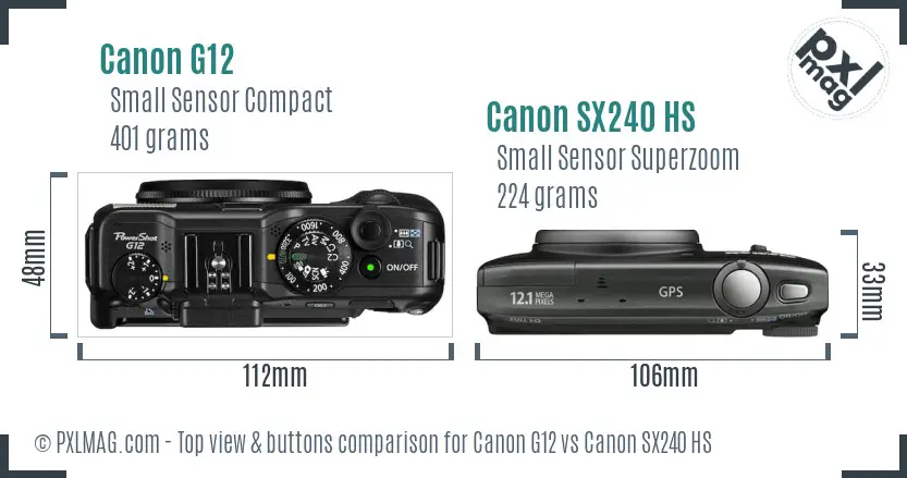 Canon G12 vs Canon SX240 HS top view buttons comparison