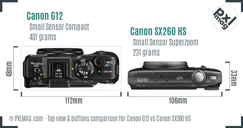 Canon G12 vs Canon SX260 HS top view buttons comparison Canon G12 vs Canon SX260 HS top view buttons comparison