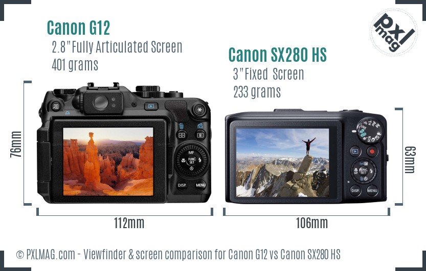 Canon G12 vs Canon SX280 HS Screen and Viewfinder comparison