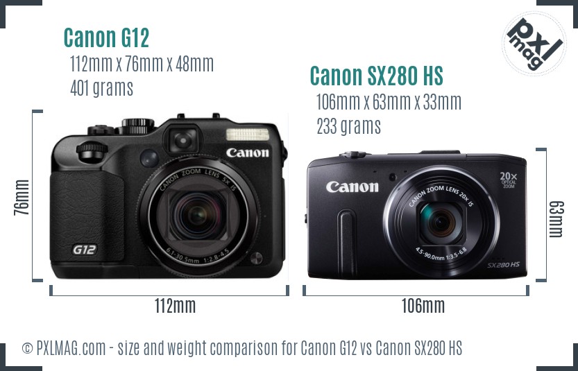 Canon G12 vs Canon SX280 HS size comparison