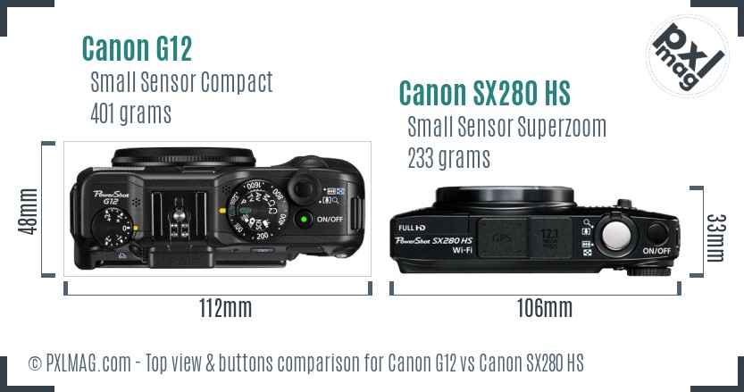 Canon G12 vs Canon SX280 HS top view buttons comparison