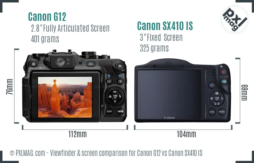 Canon G12 vs Canon SX410 IS Screen and Viewfinder comparison