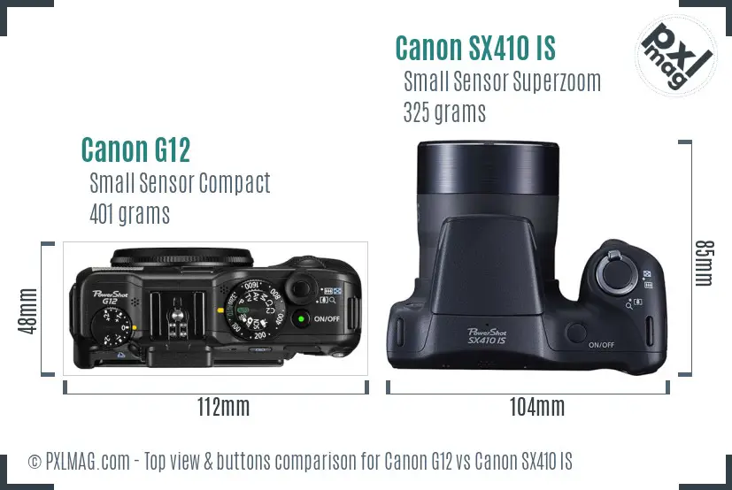 Canon G12 vs Canon SX410 IS top view buttons comparison