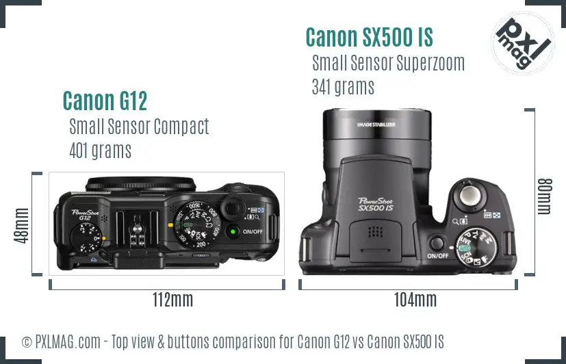 Canon G12 vs Canon SX500 IS top view buttons comparison