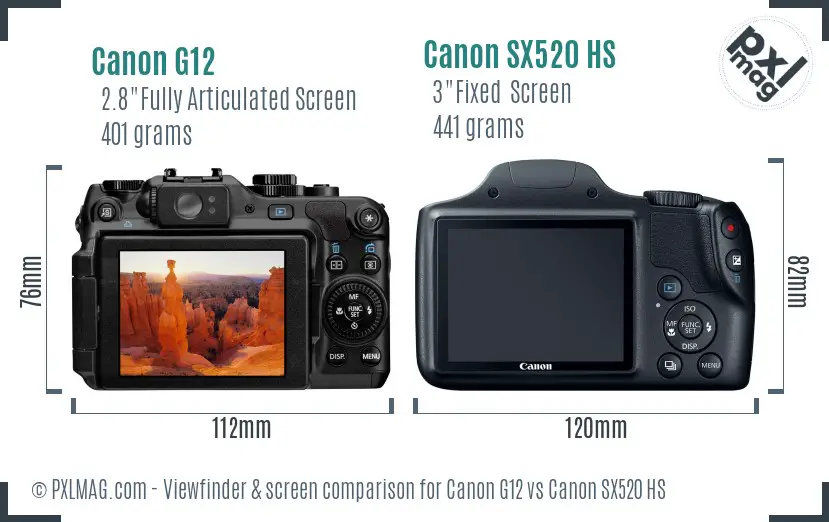 Canon G12 vs Canon SX520 HS Screen and Viewfinder comparison