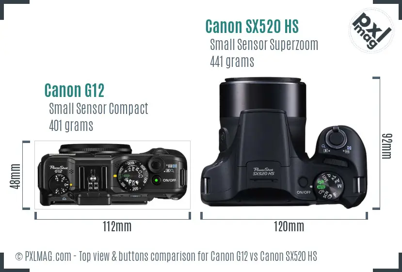 Canon G12 vs Canon SX520 HS top view buttons comparison