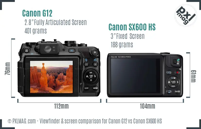 Canon G12 vs Canon SX600 HS Screen and Viewfinder comparison