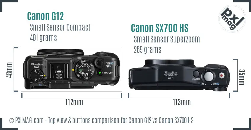 Canon G12 vs Canon SX700 HS top view buttons comparison Canon G12 vs Canon SX700 HS top view buttons comparison