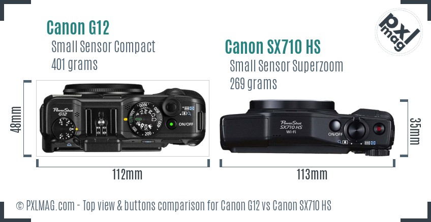 Canon G12 vs Canon SX710 HS top view buttons comparison