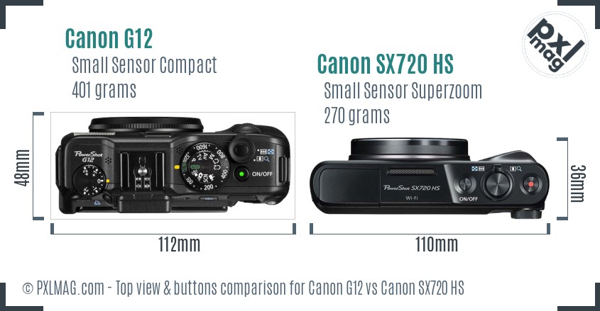Canon G12 vs Canon SX720 HS top view buttons comparison