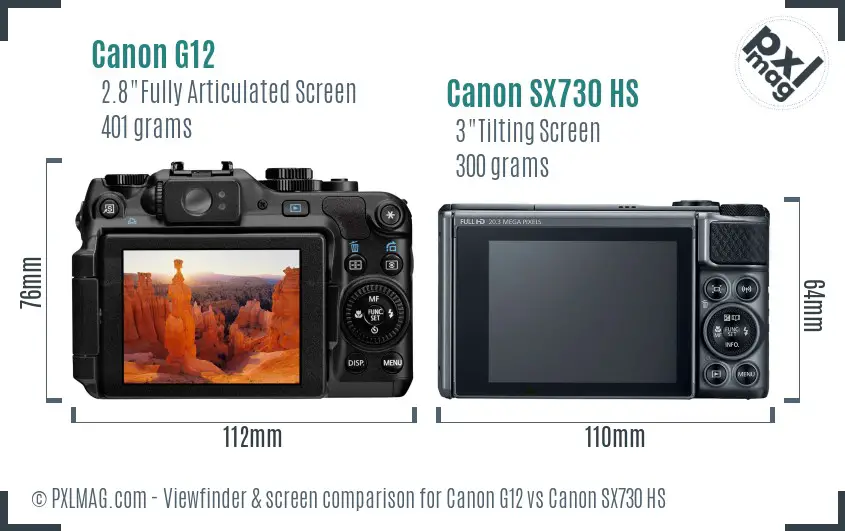 Canon G12 vs Canon SX730 HS Screen and Viewfinder comparison
