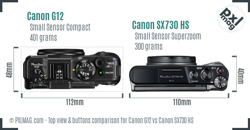 Canon G12 vs Canon SX730 HS top view buttons comparison