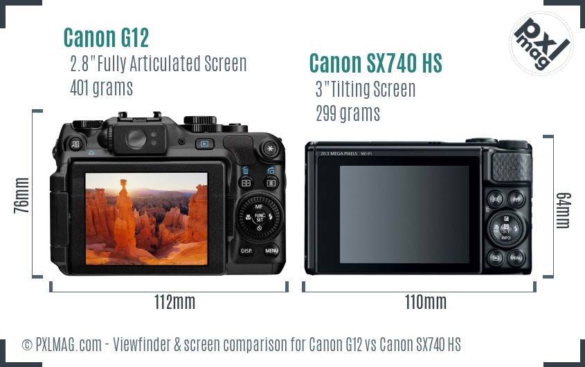 Canon G12 vs Canon SX740 HS Screen and Viewfinder comparison