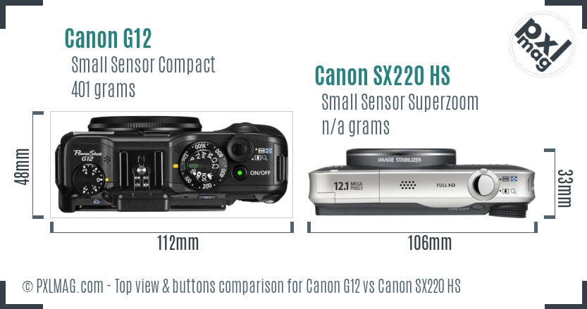 Canon G12 vs Canon SX220 HS top view buttons comparison