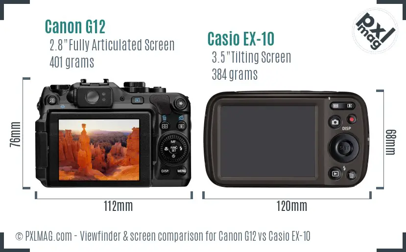 Canon G12 vs Casio EX-10 Screen and Viewfinder comparison
