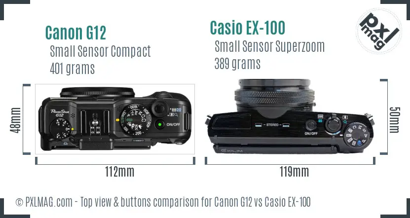 Canon G12 vs Casio EX-100 top view buttons comparison Canon G12 vs Casio EX-100 top view buttons comparison