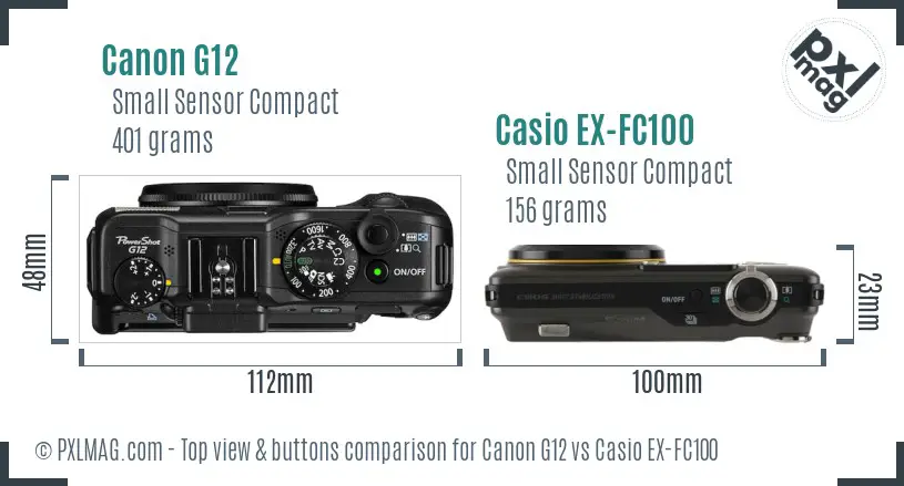 Canon G12 vs Casio EX-FC100 top view buttons comparison