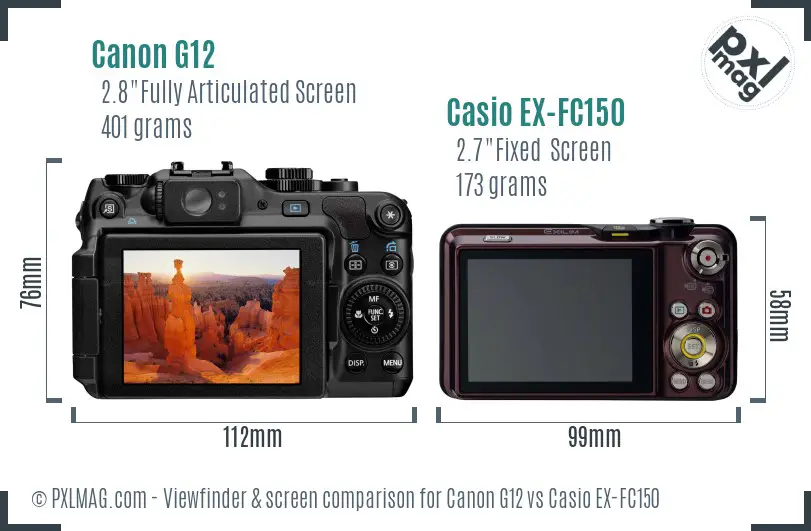Canon G12 vs Casio EX-FC150 Screen and Viewfinder comparison