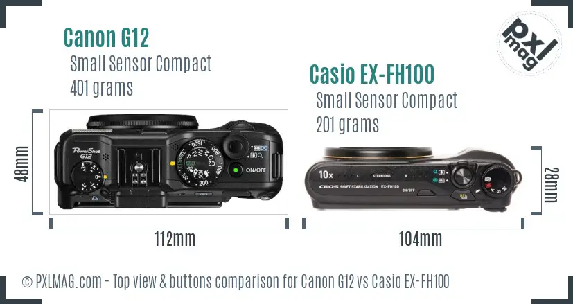 Canon G12 vs Casio EX-FH100 top view buttons comparison