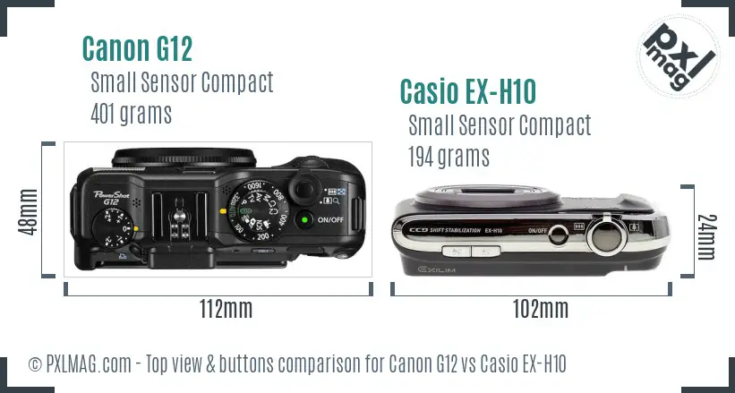 Canon G12 vs Casio EX-H10 top view buttons comparison