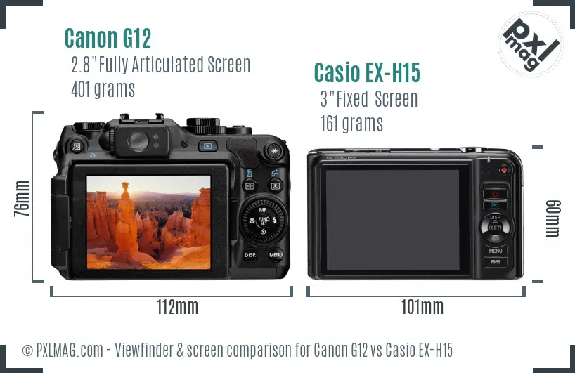 Canon G12 vs Casio EX-H15 Screen and Viewfinder comparison
