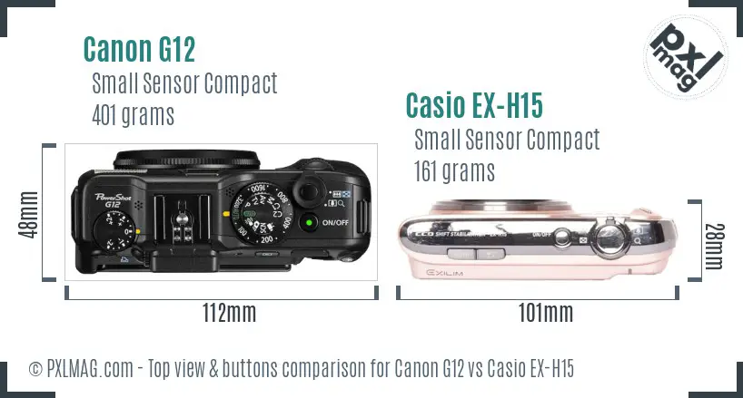 Canon G12 vs Casio EX-H15 top view buttons comparison