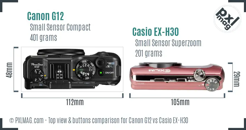 Canon G12 vs Casio EX-H30 top view buttons comparison