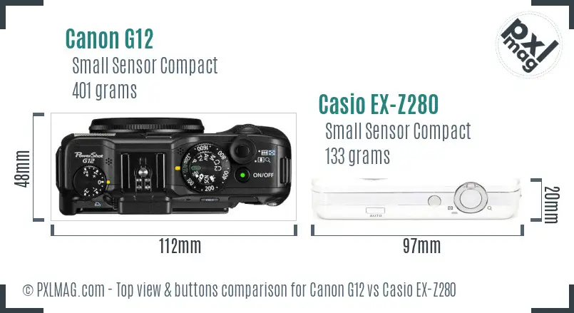 Canon G12 vs Casio EX-Z280 top view buttons comparison