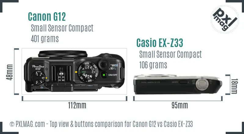 Canon G12 vs Casio EX-Z33 top view buttons comparison